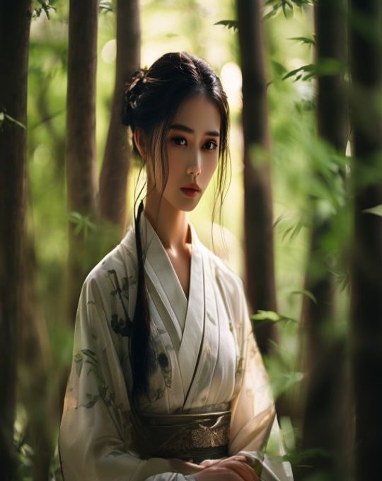 苍井优艺术写真——身着素雅和服立于竹林之间，神情沉静内敛，光线柔和自然，展现演员独特的东方气质与文艺气息