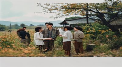 苍井优2026年新片拍摄现场花絮——导演与演员在外景地沟通剧情，背景是日本乡村秋日景色，画面温暖自然
